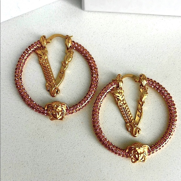 Authentic Versace Medusa Pink Pave Hoop Earrings